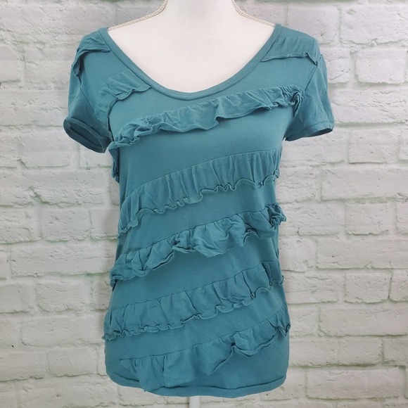 Ann Taylor Loft Ruffle Front Teal Tee Sz. XXS - Picture 1 of 7